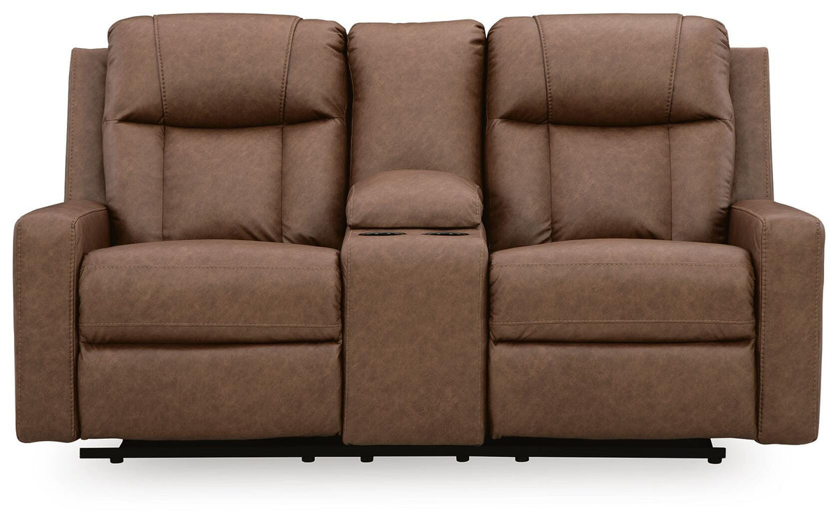 Mackmenville Caramel Reclining Sofa and Reclining Loveseat with Console