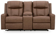 Mackmenville Caramel Reclining Sofa and Reclining Loveseat with Console