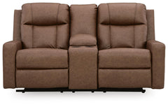Mackmenville Caramel Reclining Sofa and Reclining Loveseat with Console