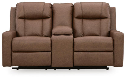 Mackmenville Caramel Reclining Sofa and Reclining Loveseat with Console