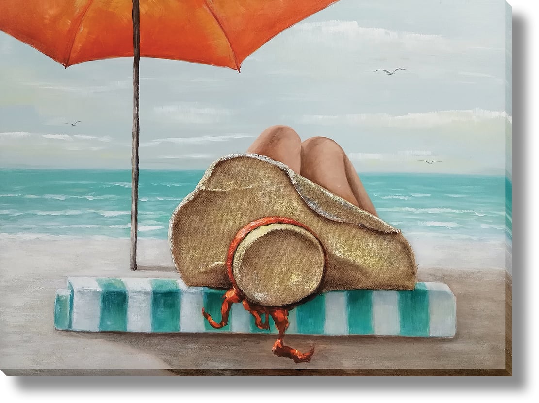 ''Seaside Serenity Under Orange Umbrella'' Hand-painted 3D Canvas