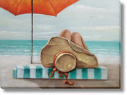 ''Seaside Serenity Under Orange Umbrella'' Hand-painted 3D Canvas