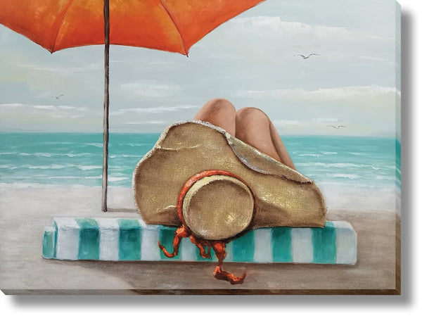 ''Seaside Serenity Under Orange Umbrella'' Hand-painted 3D Canvas