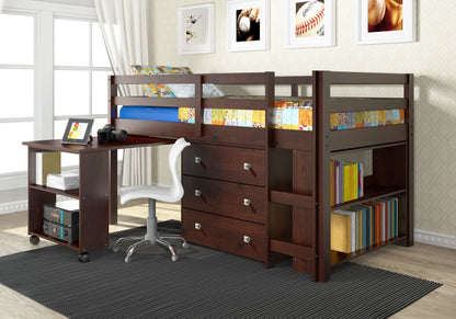 Loft bajo con escritorio, cómoda y estantería