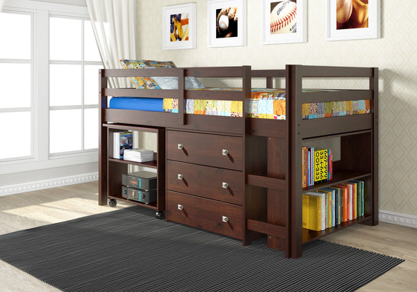Loft bajo con escritorio, cómoda y estantería