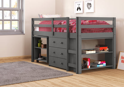 Loft bajo con escritorio, cómoda y estantería