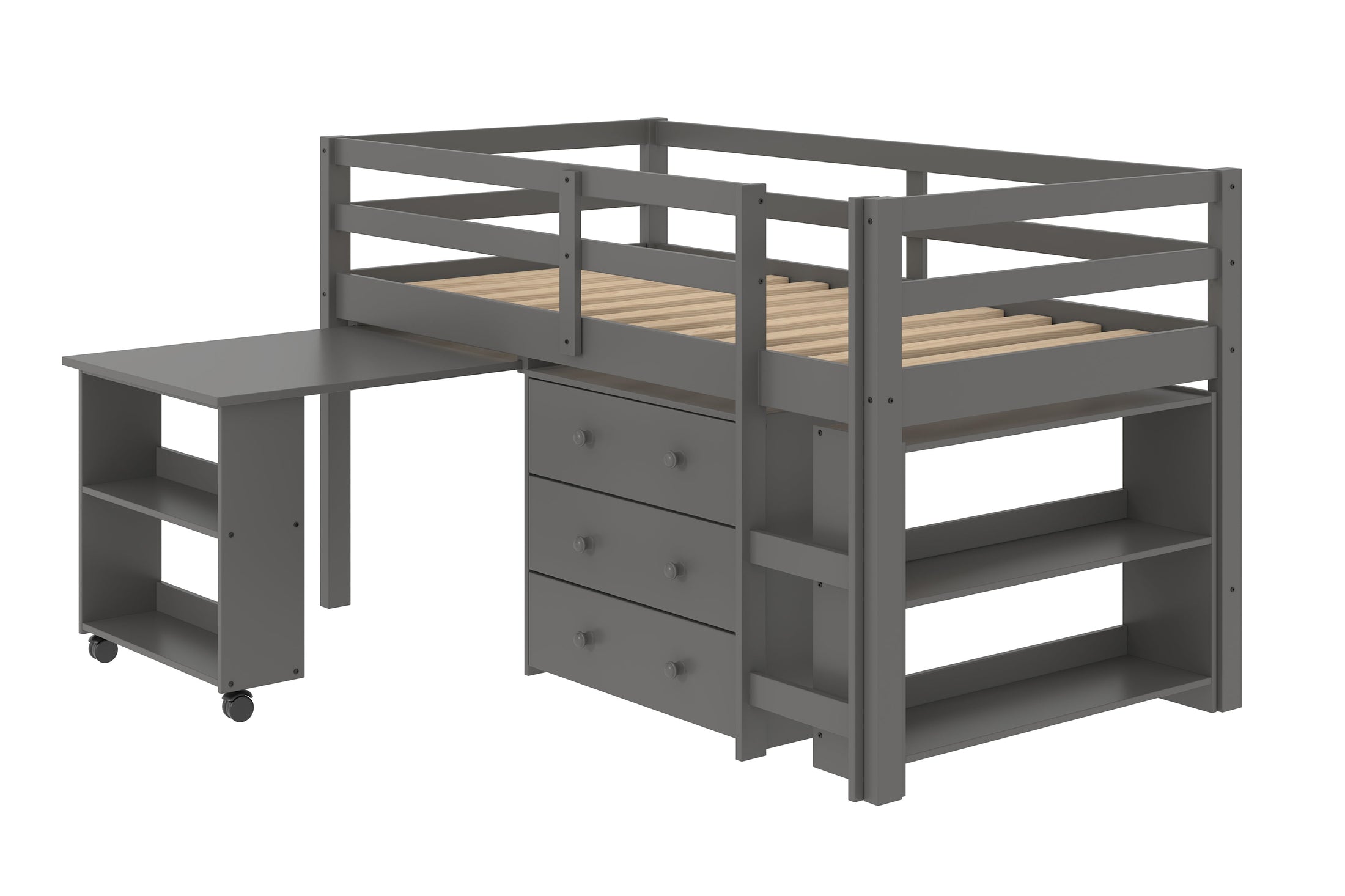 Low Loft w/ Desk with Chest & Bookcase