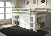 Loft bajo con escritorio, cómoda y estantería