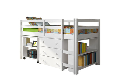 Loft bajo con escritorio, cómoda y estantería