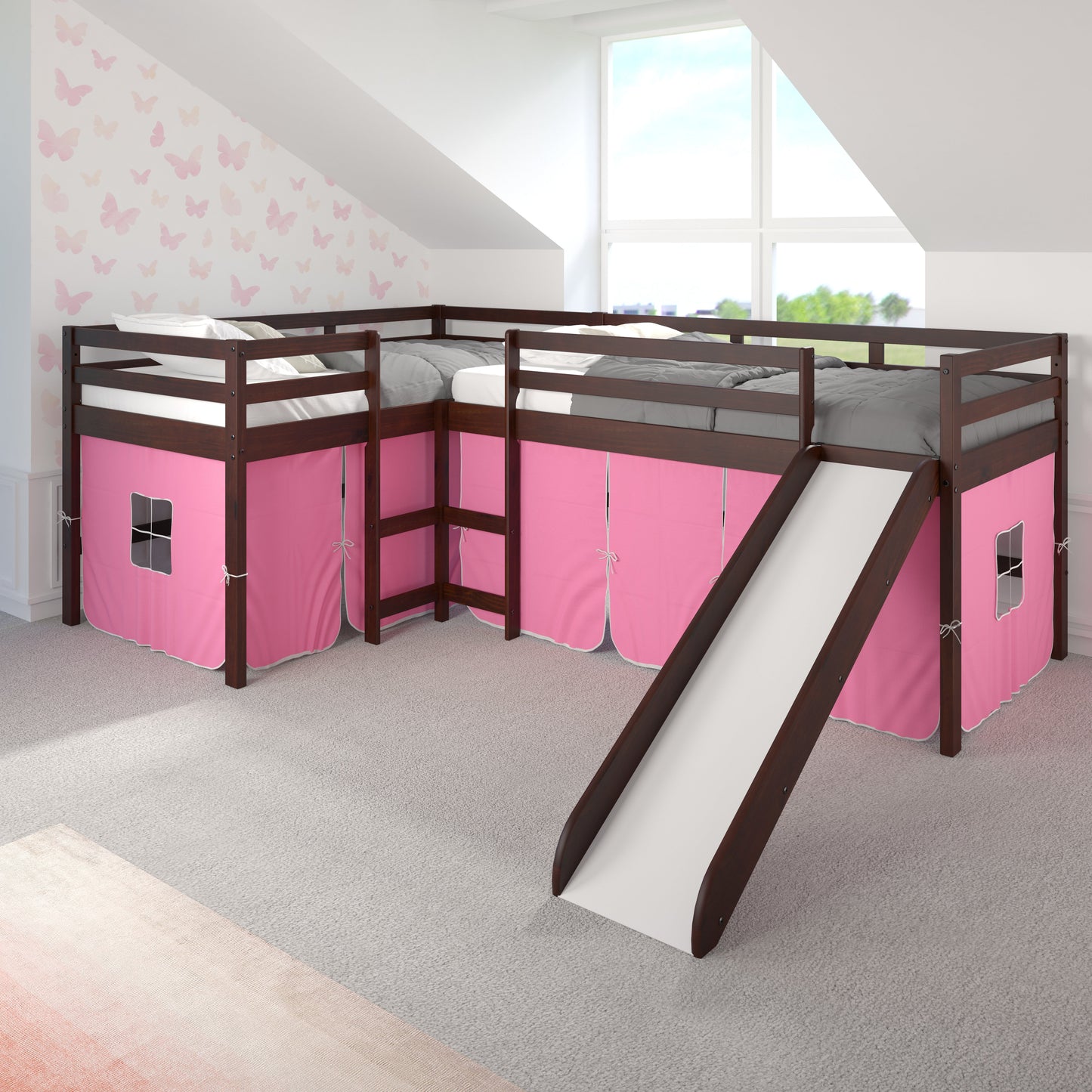 L-Series Cappuccino Double Low Loft Beds with Slide & Pink Tent