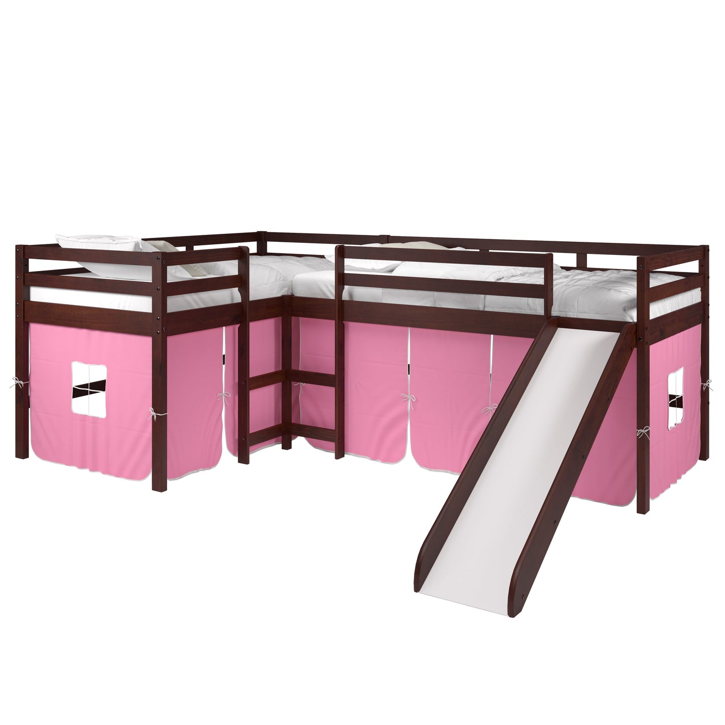 L-Series Cappuccino Double Low Loft Beds with Slide & Pink Tent