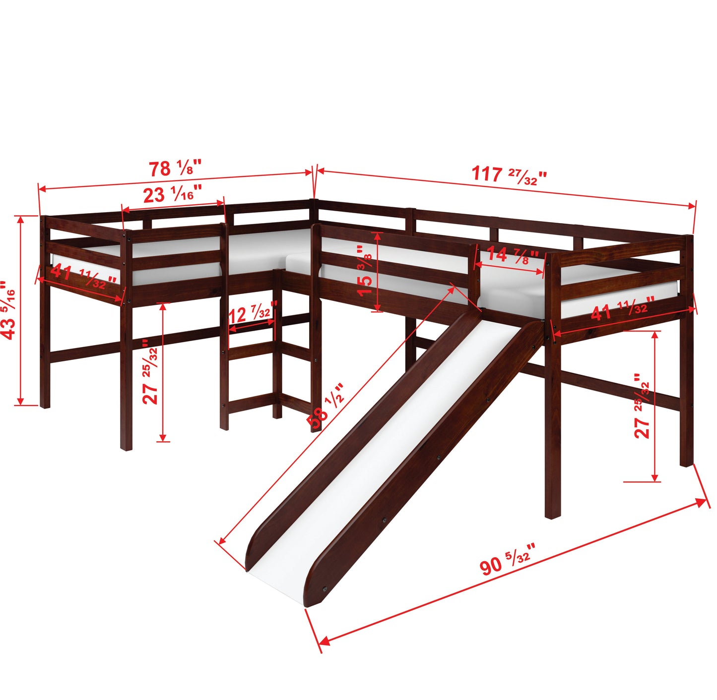 L-Series Cappuccino Double Low Loft Beds with Slide