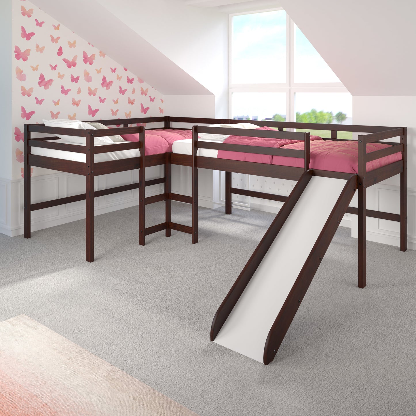 L-Series Cappuccino Double Low Loft Beds with Slide