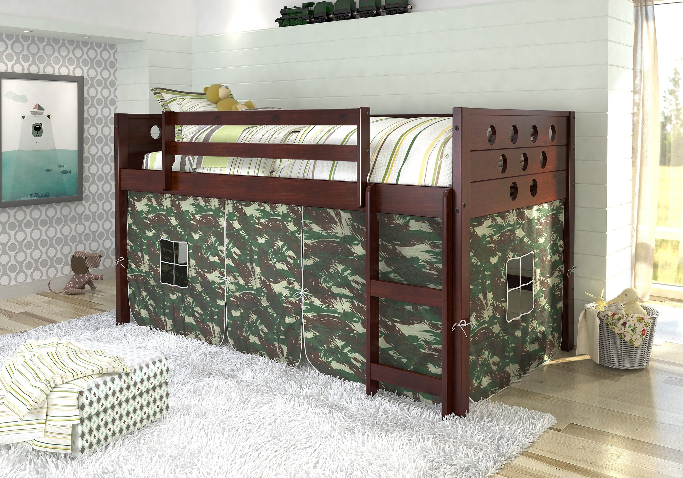 Circles Cappuccino Low Loft Bed with Camo Print Tent