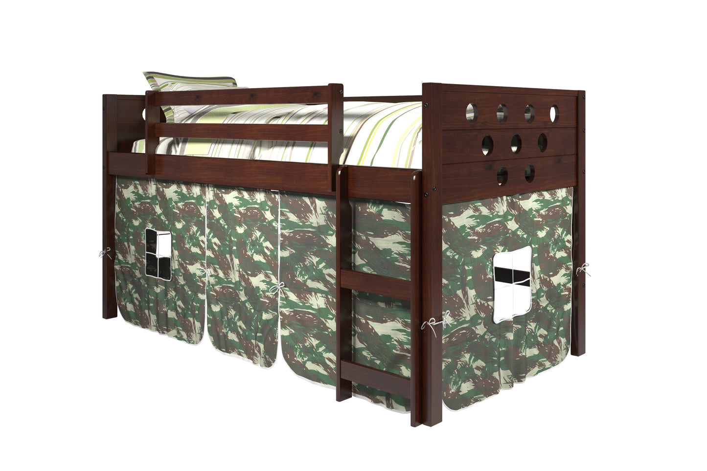 Circles Cappuccino Low Loft Bed with Camo Print Tent