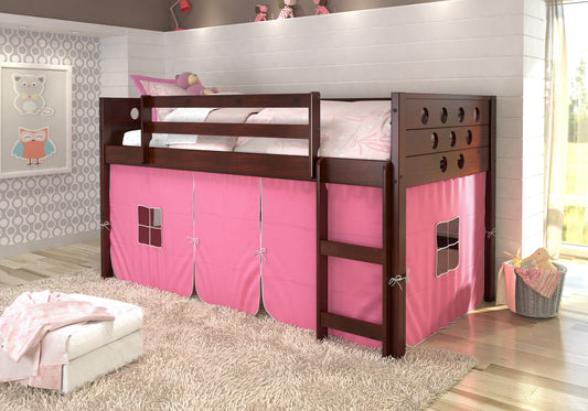 Circles Cappuccino Low Loft Bed with Pink Tent