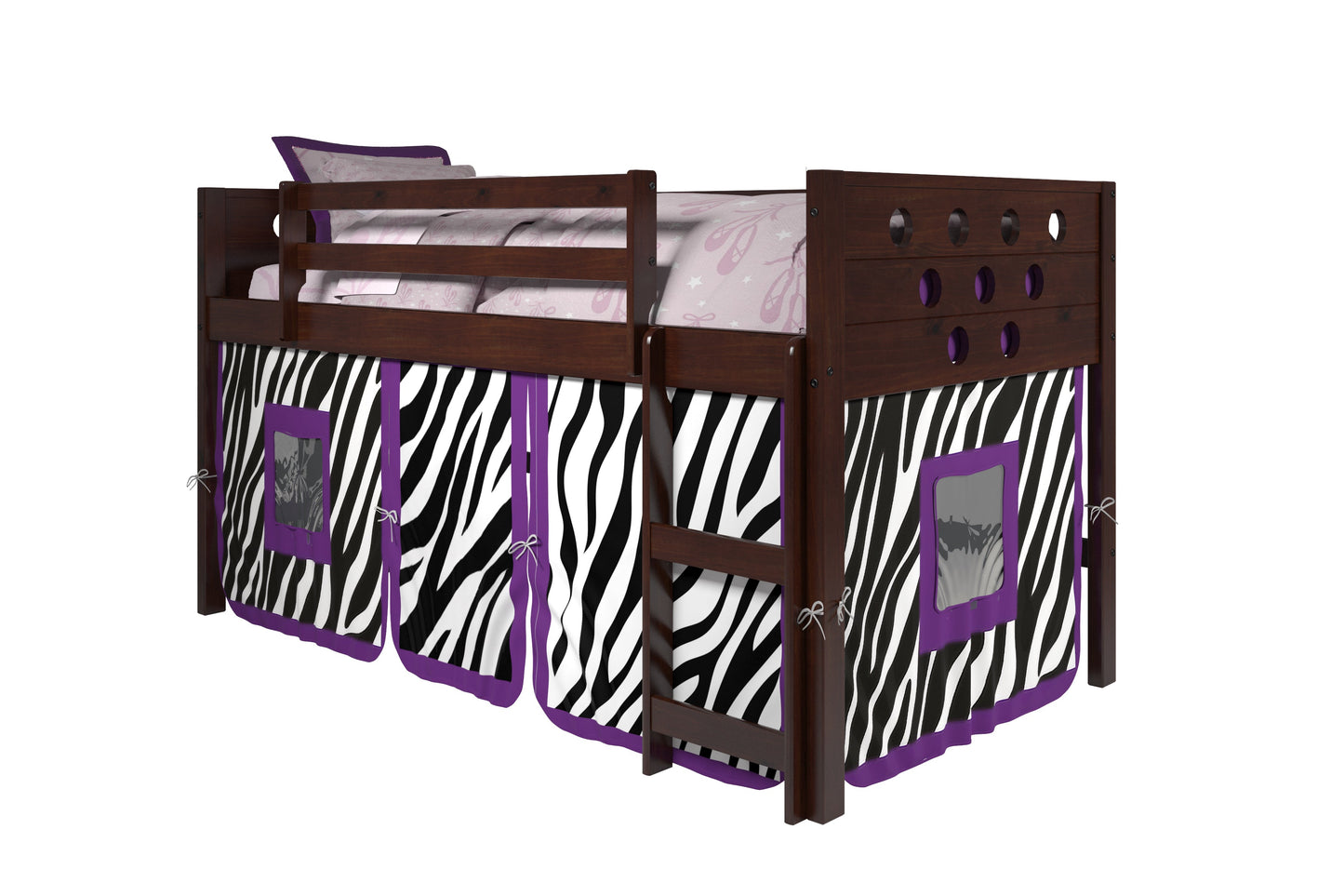 Circles Cappuccino Low Loft Bed with Zebra Print Tent