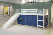 Circles White Low Loft Bed with Slide & Blue Tent