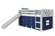 Circles White Low Loft Bed with Slide & Blue Tent