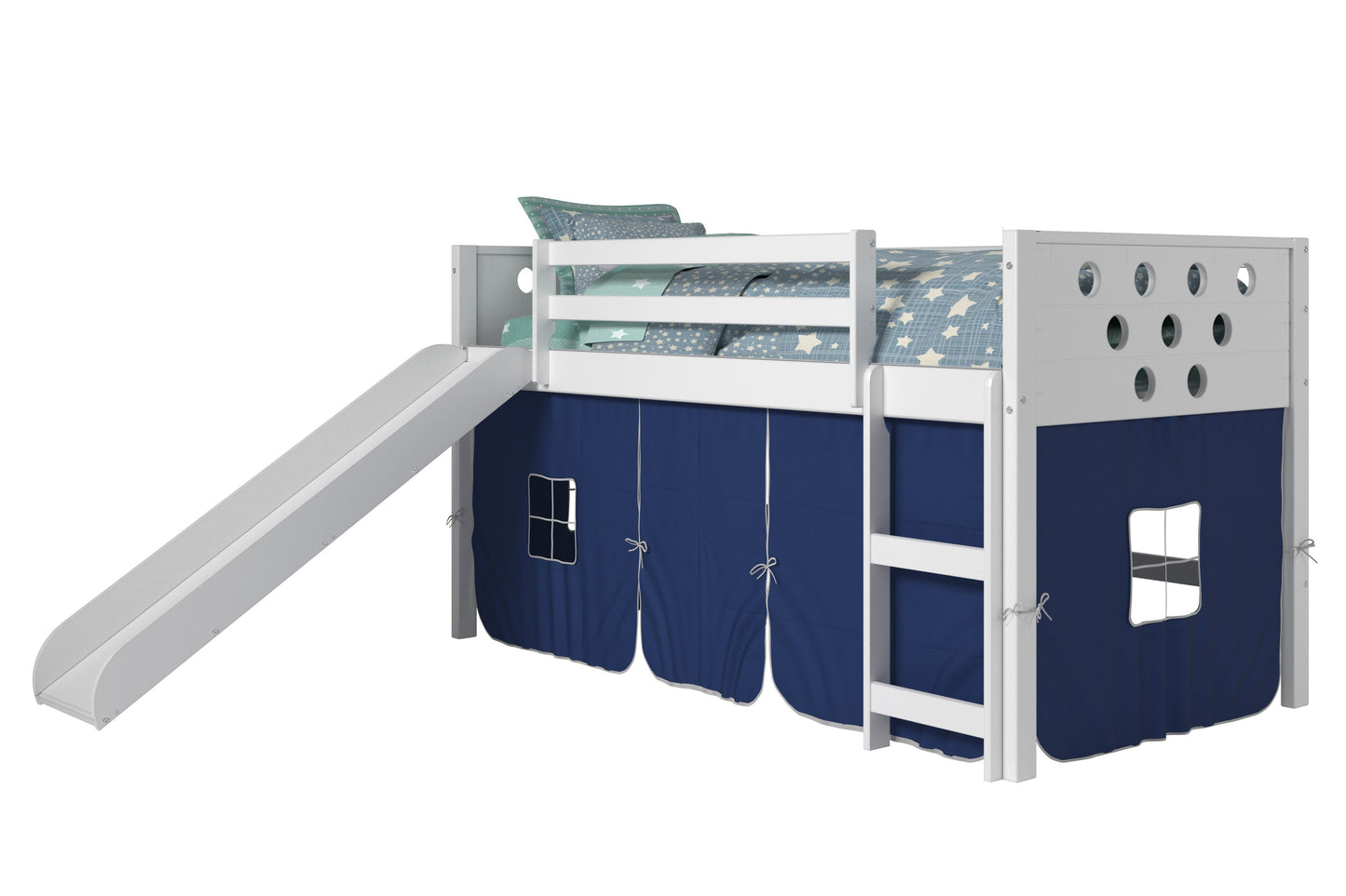 Circles White Low Loft Bed with Slide & Blue Tent
