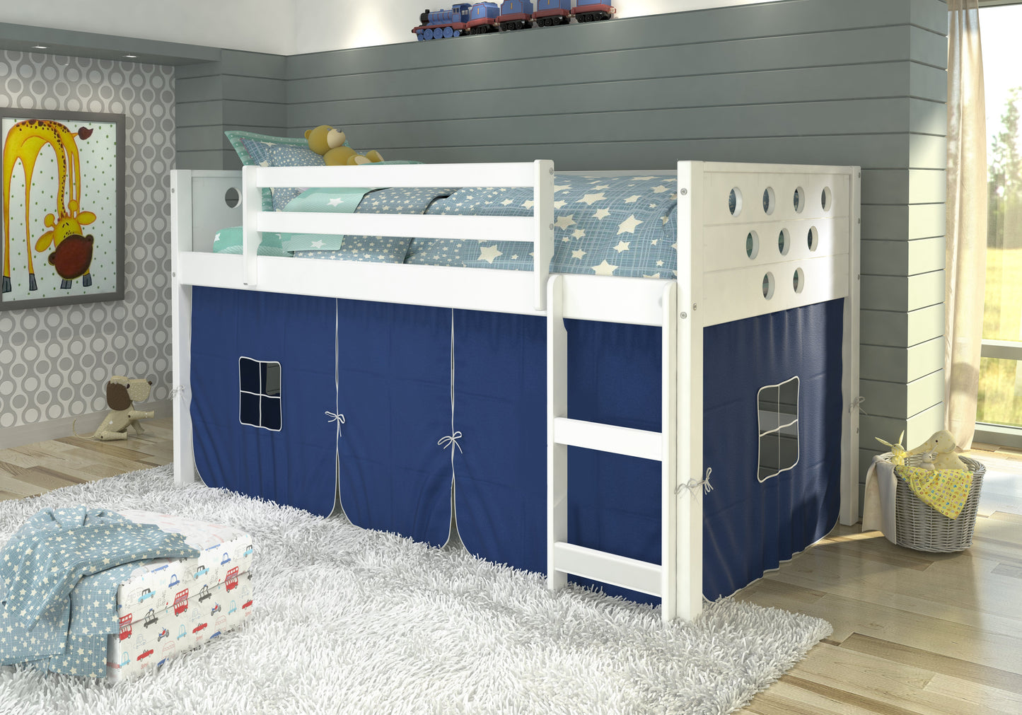 Circles White Low Loft Bed with Blue Tent