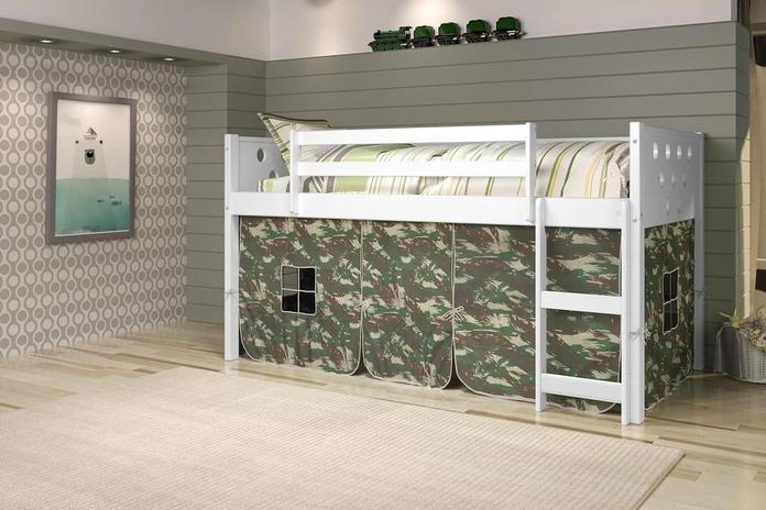 Circles White Low Loft Bed with Camo Print Tent