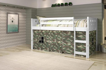 Circles White Low Loft Bed with Camo Print Tent