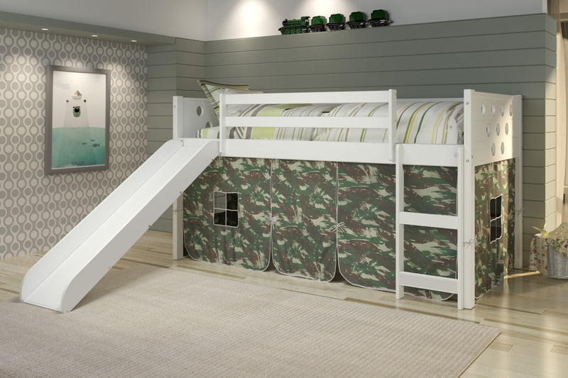 Circles White Low Loft Bed with Slide & Camo Print Tent