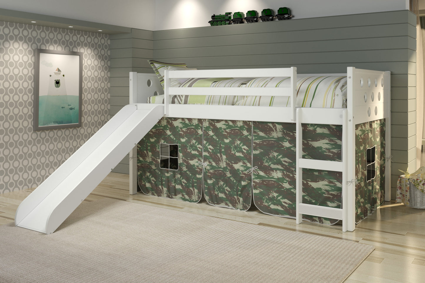 Circles White Low Loft Bed with Slide & Camo Print Tent