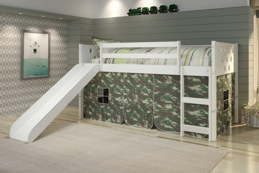 Circles White Low Loft Bed with Slide & Camo Print Tent