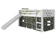 Circles White Low Loft Bed with Slide & Camo Print Tent