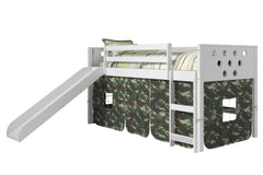 Circles White Low Loft Bed with Slide & Camo Print Tent