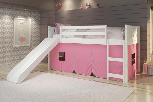 Circles White Low Loft Bed with Slide & Pink Tent