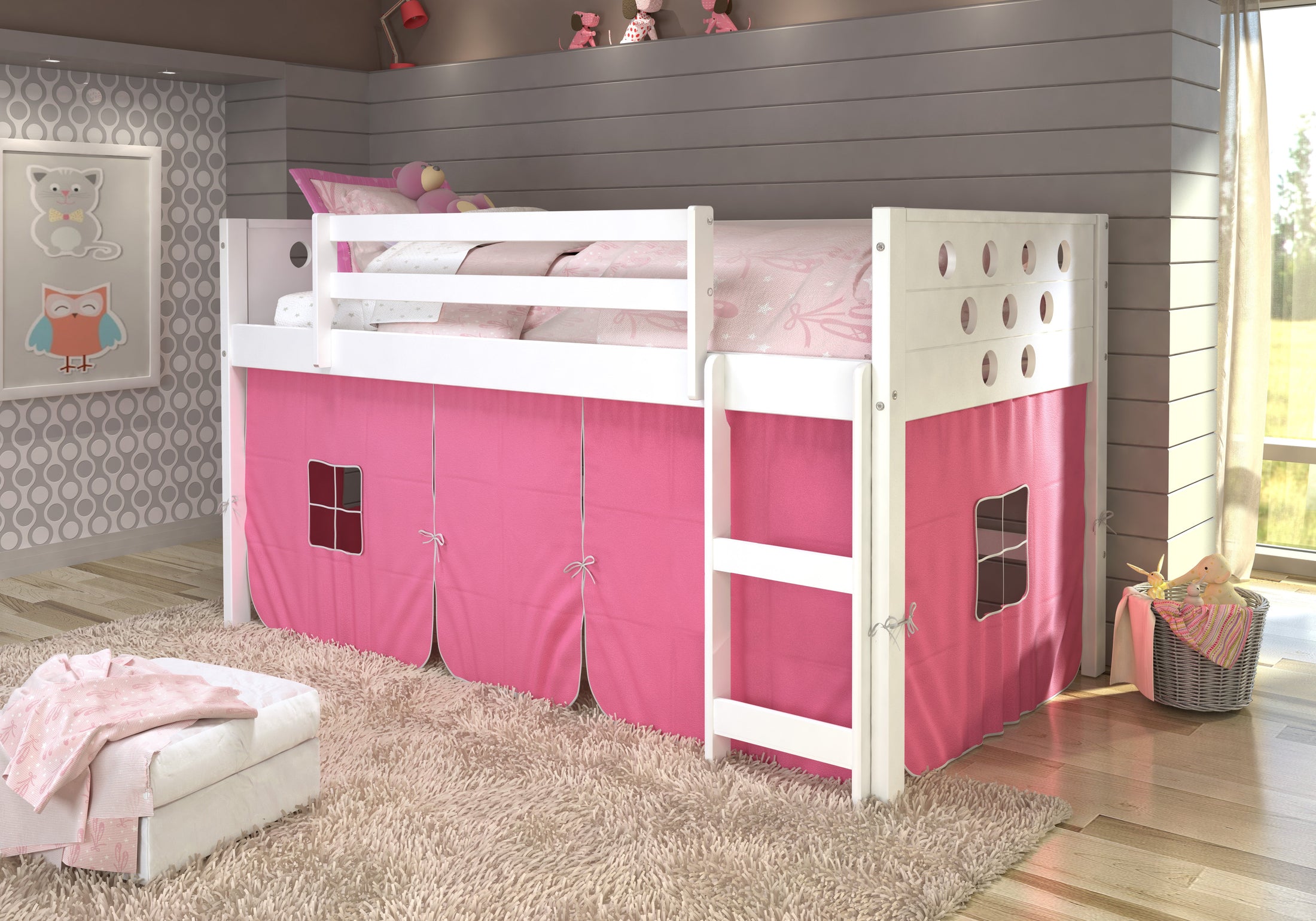 Circles White Low Loft Bed with Pink Tent