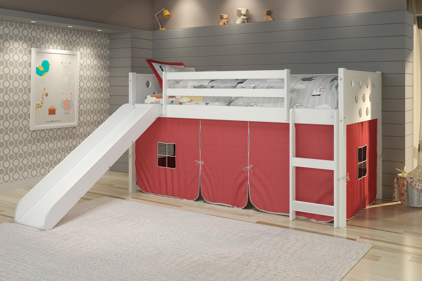 Circles White Low Loft Bed with Slide & Red Tent