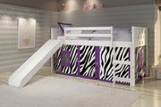 Circles White Low Loft Bed with Slide & Zebra Print Tent