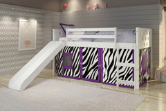 Circles White Low Loft Bed with Slide & Zebra Print Tent