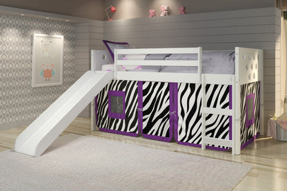 Circles White Low Loft Bed with Slide & Zebra Print Tent