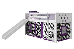 Circles White Low Loft Bed with Slide & Zebra Print Tent
