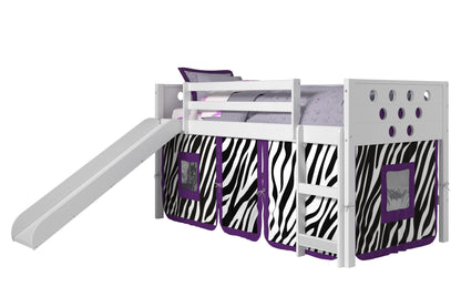 Circles White Low Loft Bed with Slide & Zebra Print Tent