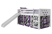 Circles White Low Loft Bed with Slide & Zebra Print Tent