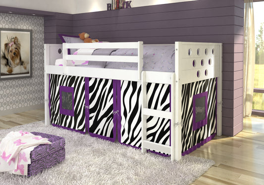Circles White Low Loft Bed with Zebra Print Tent