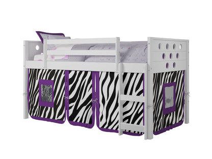 Circles White Low Loft Bed with Zebra Print Tent