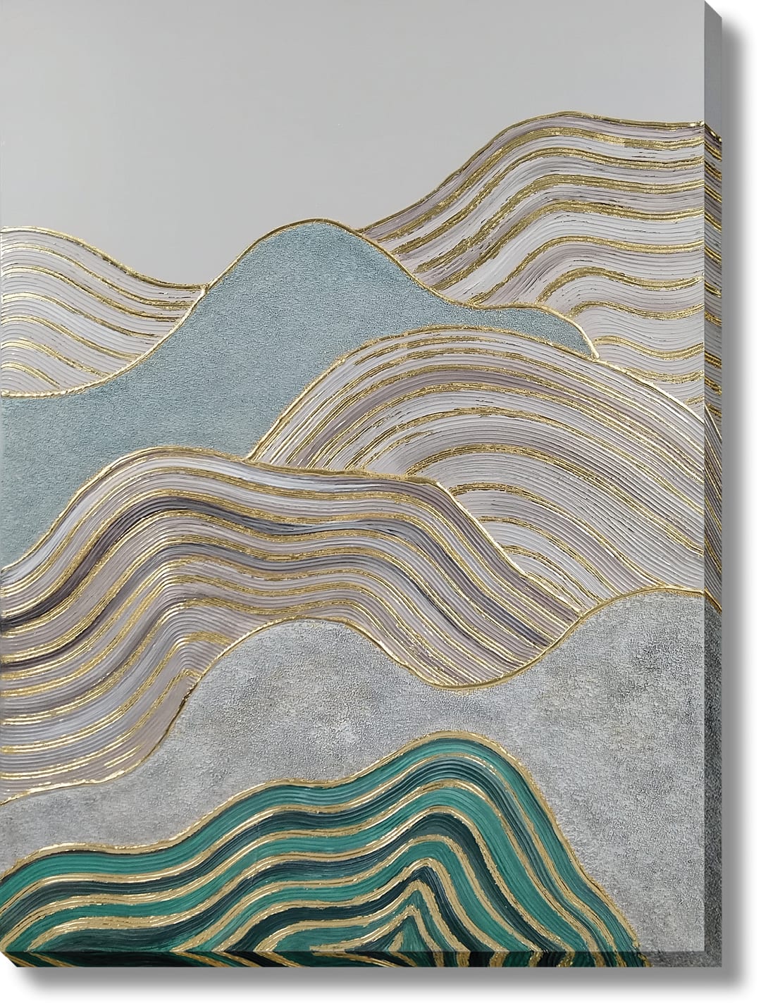 ''Gold-Kissed Aqua Geometric Waves'' Hand-painted Wrapped Canvas