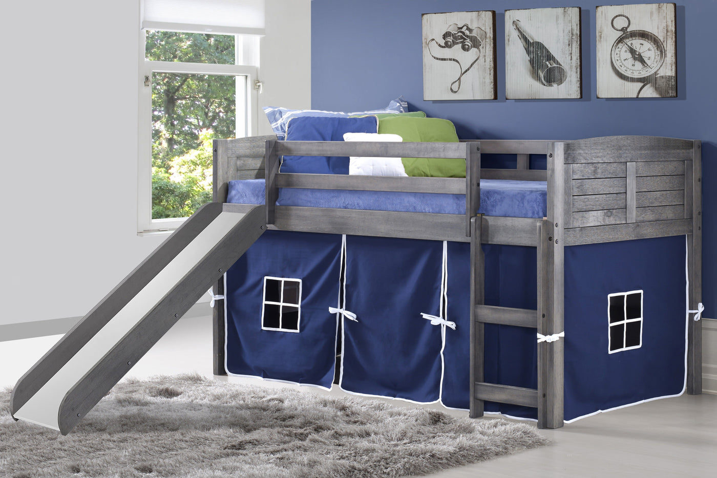 Louver Antique Grey Low Loft Bed with Slide & Blue Tent