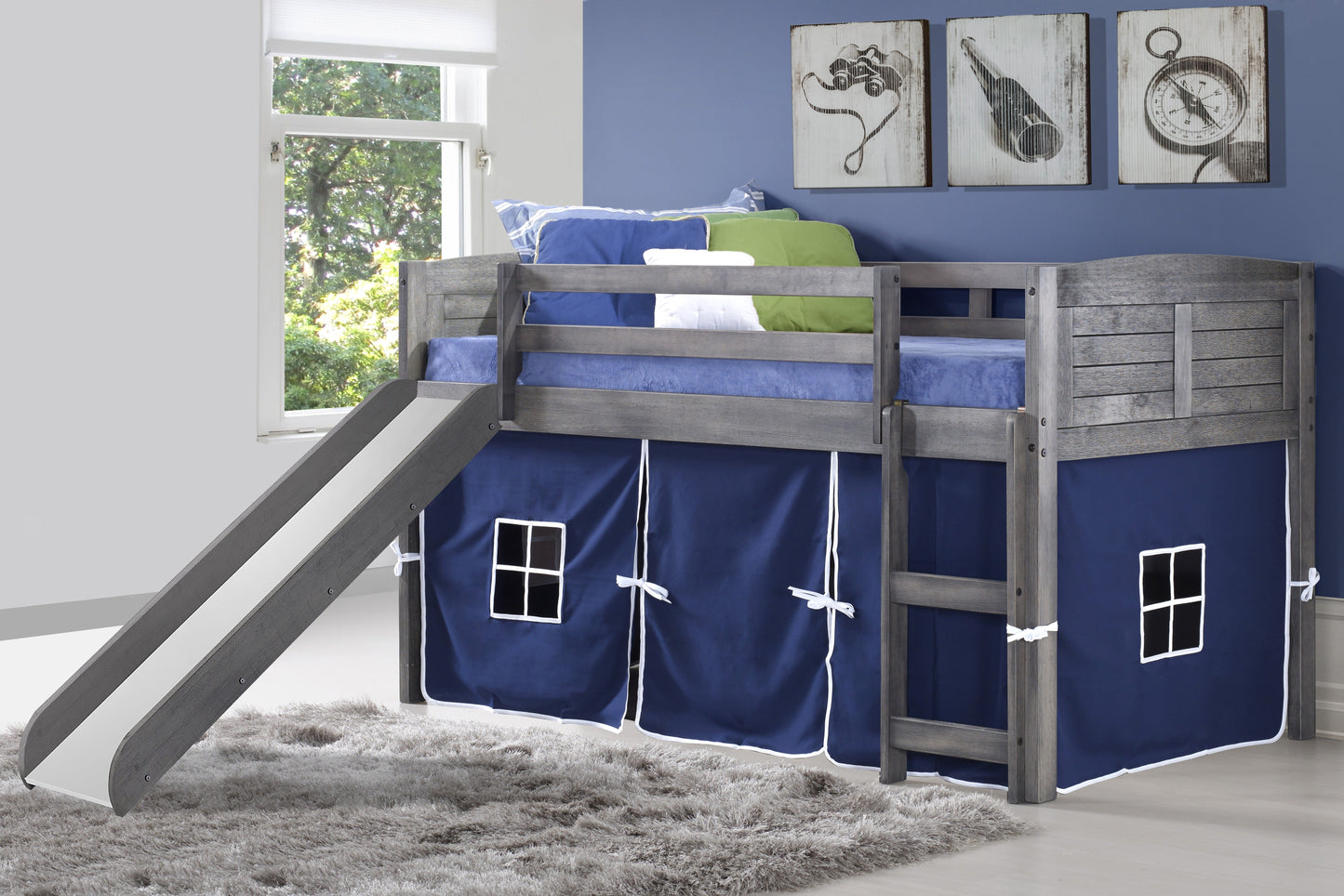 Louver Antique Grey Low Loft Bed with Slide & Blue Tent