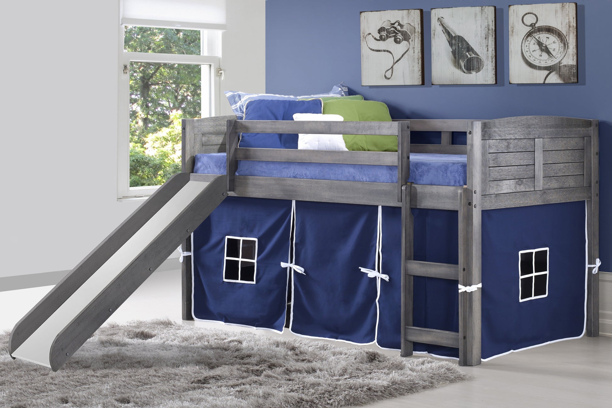 Louver Antique Grey Low Loft Bed with Slide & Blue Tent