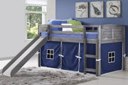 Louver Antique Grey Low Loft Bed with Slide & Blue Tent