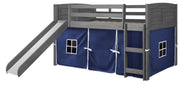 Louver Antique Grey Low Loft Bed with Slide & Blue Tent