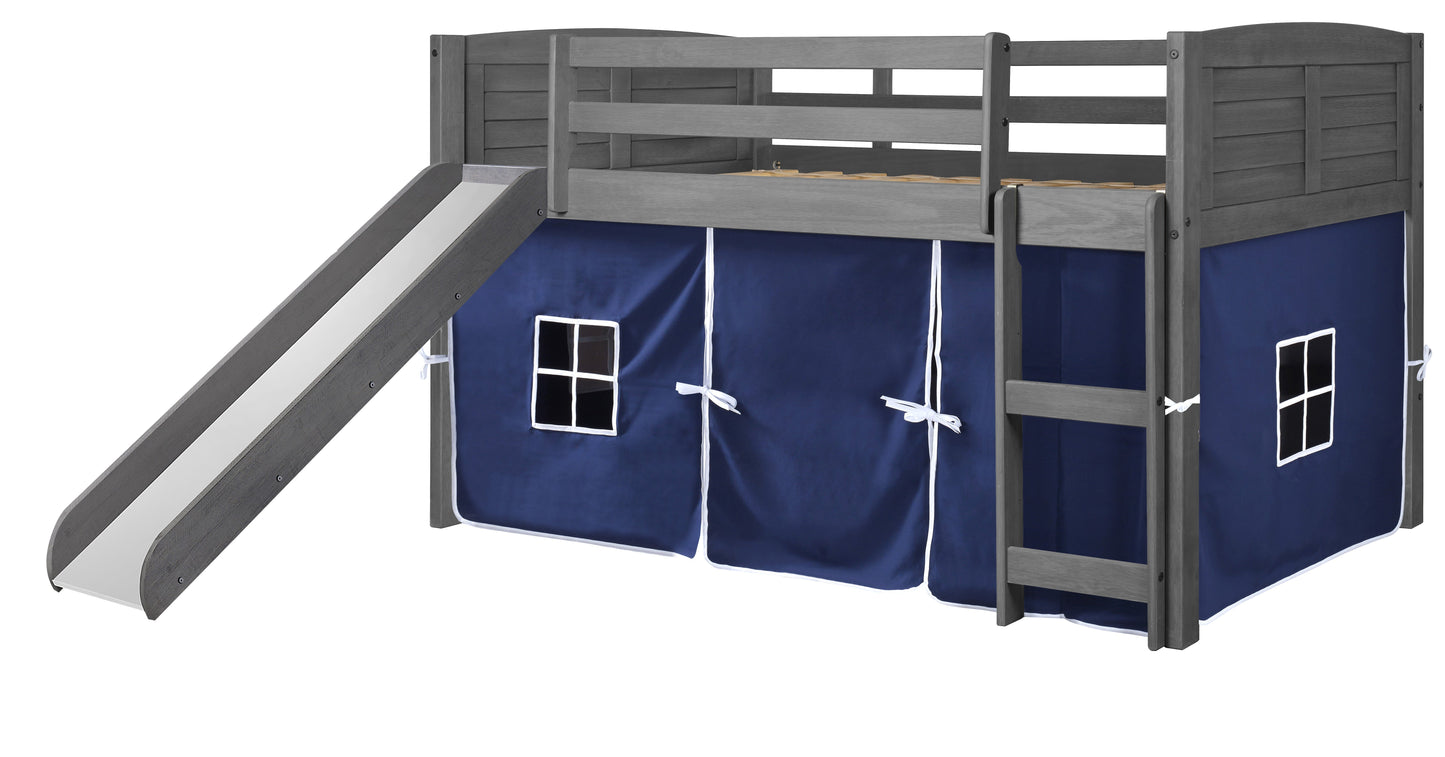 Louver Antique Grey Low Loft Bed with Slide & Blue Tent